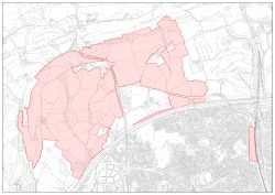 Tir i’r Dwyrain a’r Gorllewin o Heol Draenen Pen-y-graig ac i’r Gogledd a’r De o Capel Gwilym Road